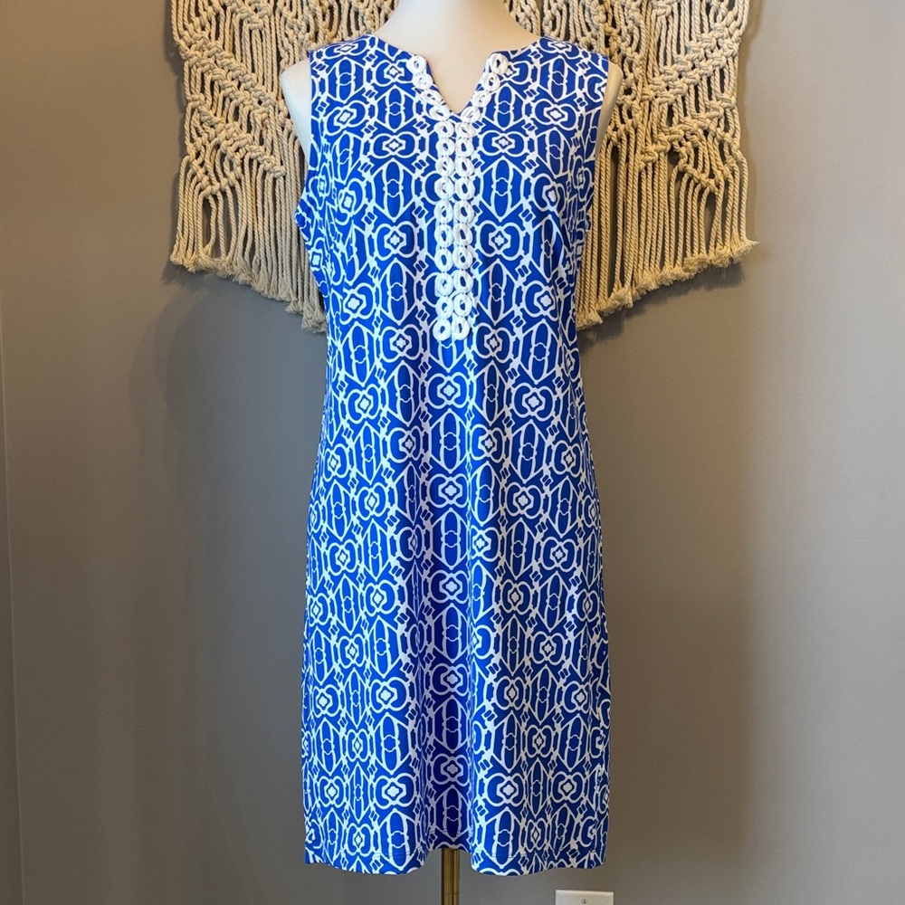 Vibrant Blue and White Patterned Sleeveless Dress